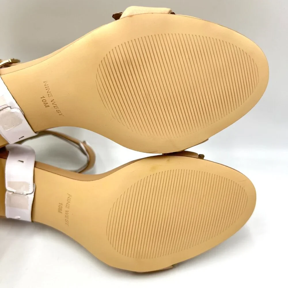 Nine West Womens Size 10 Nude Tan Beige Leather‎ Pruce Sandals Heels Shoes New